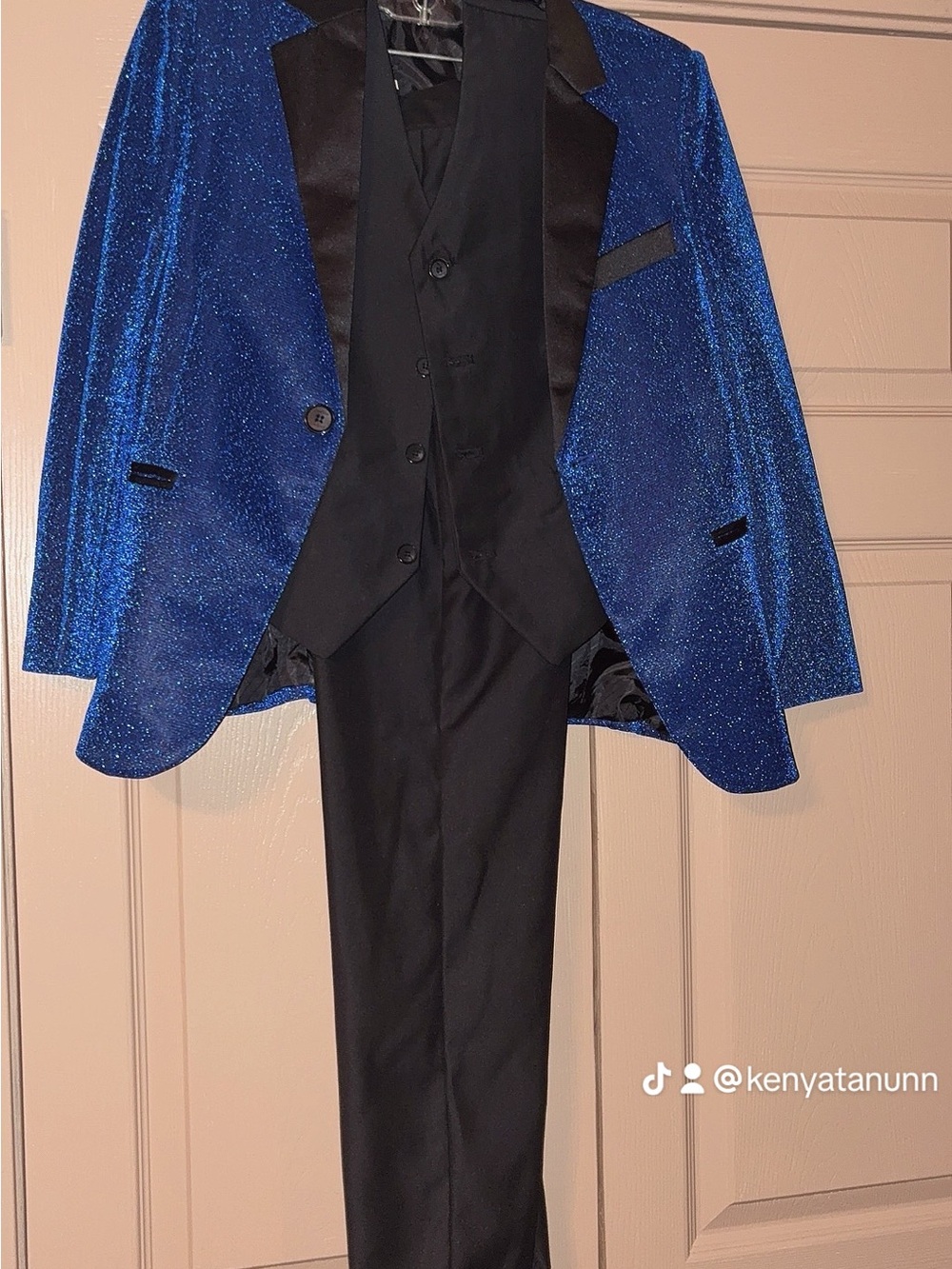 Boys Blue Sparkle Jacket 3 piece suit with Black Lapel - Picture 2 of 3